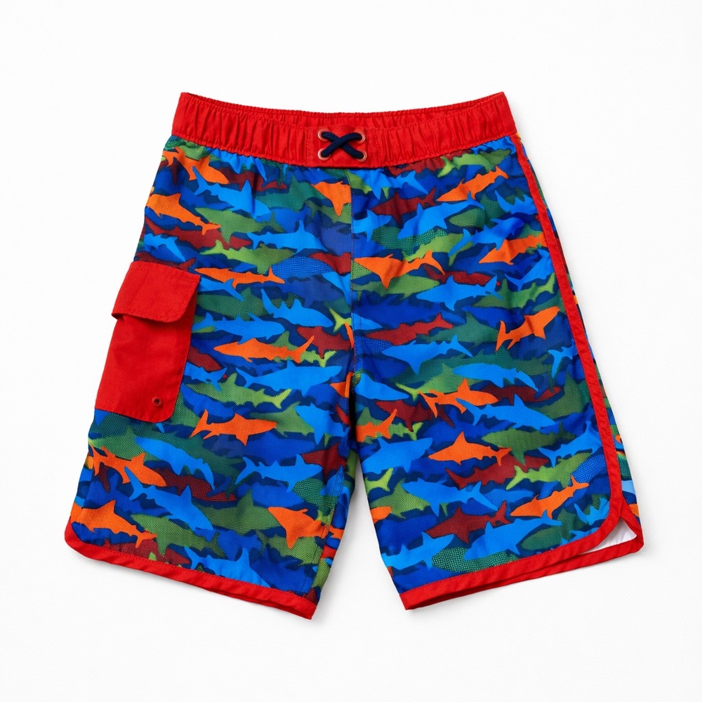 Lands End Red Blue Multicolor Shark Print Swim Trunks Boys XL 14/16